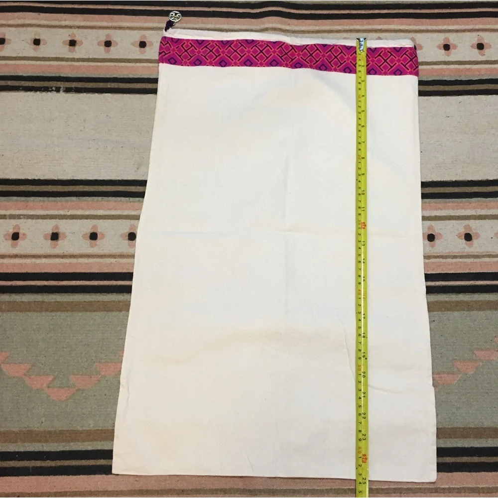 Tory Burch large cream drawstring dustbag pink ribbons trim gold logo charm